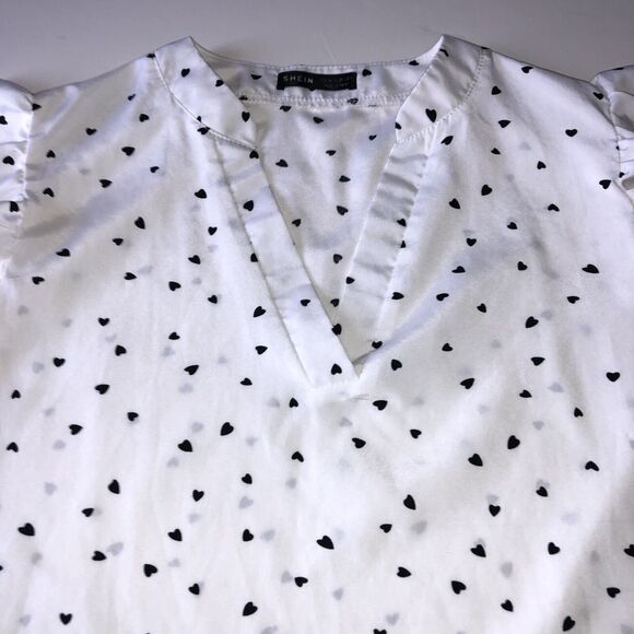 Shein Women's Heart Print Notched Neck Ruffle Sleeve Blouse White Size Medium - Picture 13 of 13